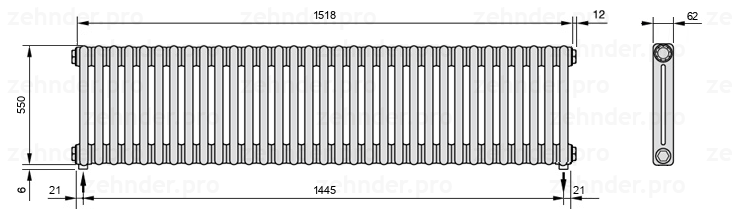 Схема (чертеж) Радиатор Zehnder Charleston 2055/33 №5310 Белый глянцевый RAL 9016